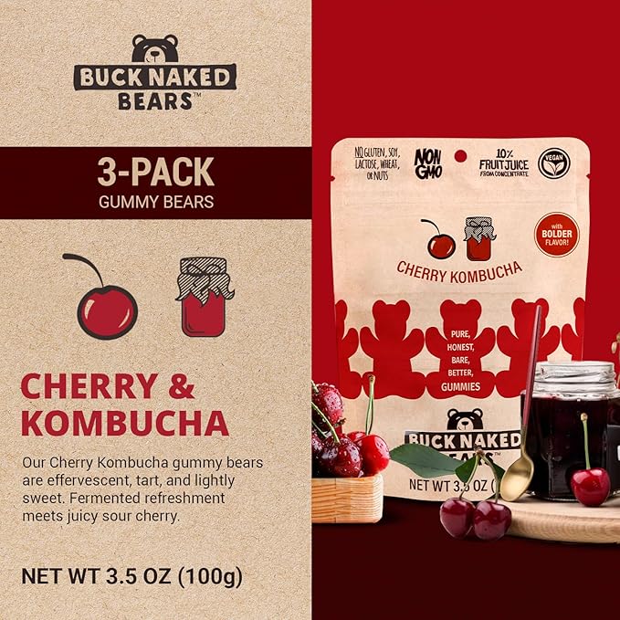 Buck Naked Bears - Cherry Kombucha Gummy Bears - Soft, Smooth, and Sweeter Like a Fruit Snack - Plant-Based Gummies Good Snack Choice - Non-GMO - Clean Label Gummy Candy, Vegan - 3.5oz 3-Pack