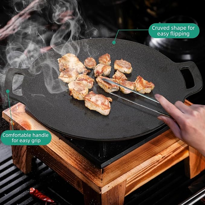 Korean BBQ Grill, Nonstick Round Griddle Pan with Bag, 12 Inch 6 Layer Coating BBQ Griddle, Cast Iron Griddles for Stove Top, Induction, Outdoor Camping, Tawa Roti Pan