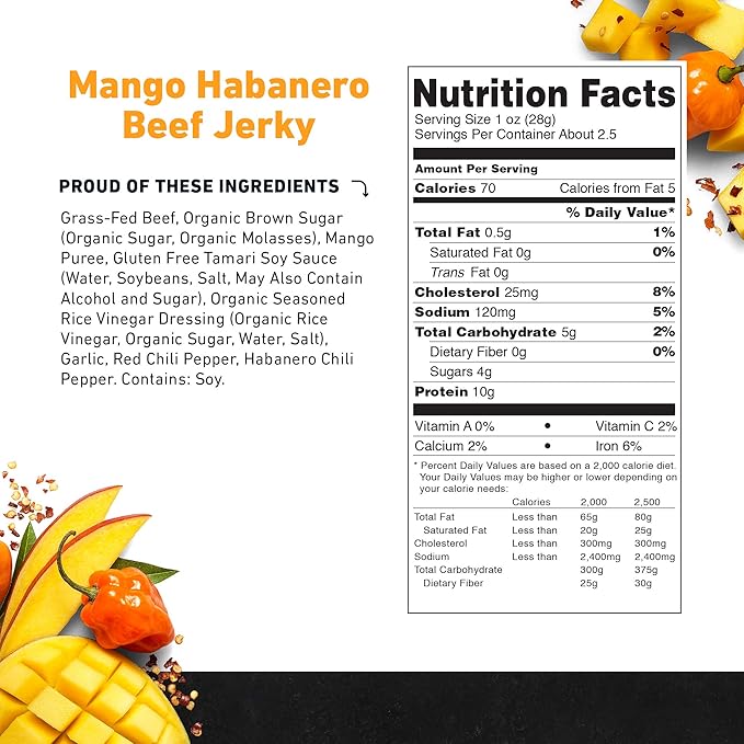 Country Archer Grass-Fed Beef Jerky - Beef Jerky Snack Pack, Beef Jerky Bulk, Individual Beef Jerky Pack, Protein Snack, Country Archer Beef Jerky, Gluten Free, Paleo - Mango Habanero, 2.5 oz (4 Pack)