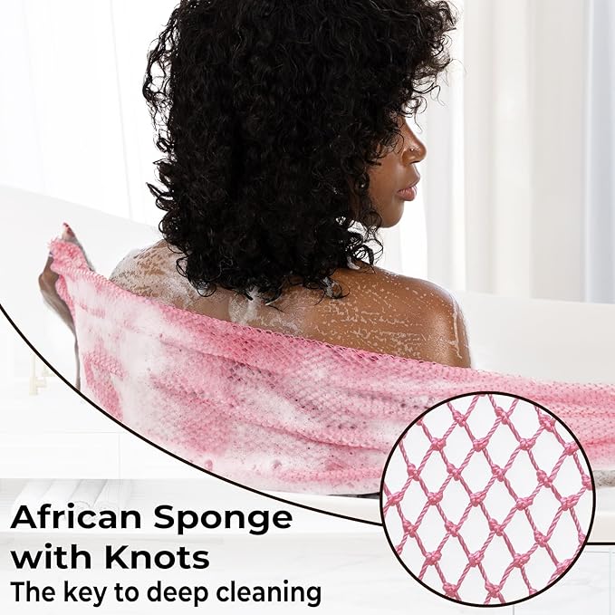 African Net Sponge Authentic - Afro Scrub Exfoliating Net Sponge with Knots - African Bath Sponges for Body Scrubber Exfoliator - Back Scrubber for Shower Bathing Accessories