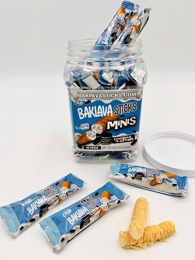 Baklava Sticks Minis, Cookies & Cream Crispy Phyllo Dough, 15.6 oz (40 Pieces) (FULL JAR 40 minis, Cookies & Cream)