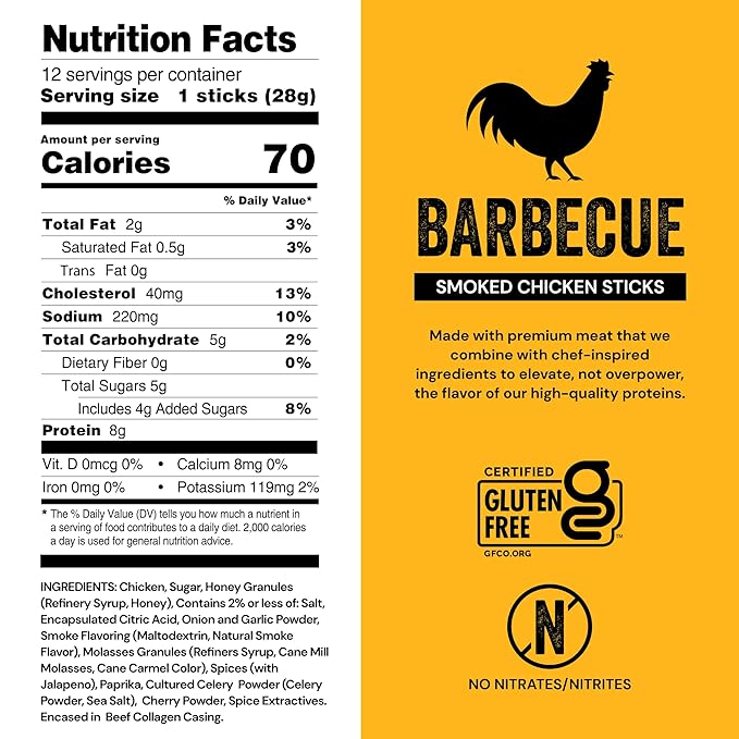 Chef's Cut Smoked Chicken Jerky Meat Sticks, Barbecue Flavor (1 Ounce Stick, Pack of 12) - High Protein, 8g Protein per Serving, 70 Calories, Gluten-Free, Keto Friendly Snack, Low Carb Snack, Individually Wrapped