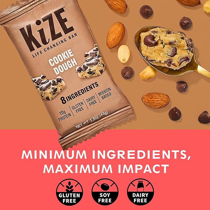KiZE Energy Bars - Gluten Free, Dairy Free, Non-GMO, and High Protein Meal Replacement Energy Bars, Meal Bar, Clean and Simple Food Ingredients - Cookie Dough, 10g High Protein Snacks, (30 Count)