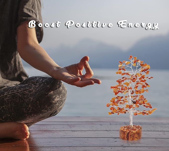 FASHIONZAADI Carnelian Chakra Tree of Life - Crystal for Positive Energy, Handmade Gemstone Feng Shui Decor, Good Luck Money Tree Bonsai - Orange Healing Crystals for Sacral Chakra, Prosperity Gift