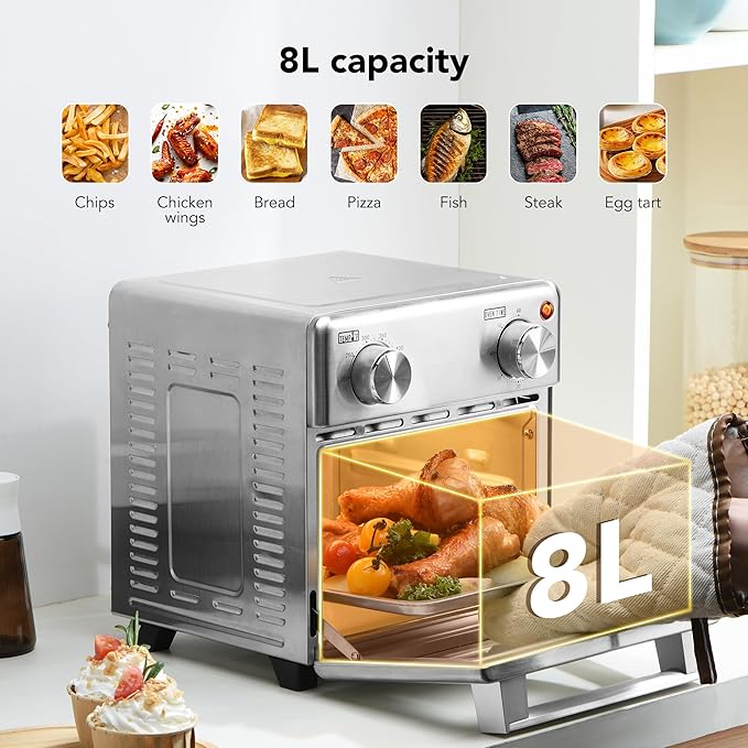 8.5 QT 5-in-1 Toaster Oven Air Fryer Combo, Stainless Steel, Fast Preheat, Ideal for Small Spaces, Travel & Family, Healthy Cooking Included