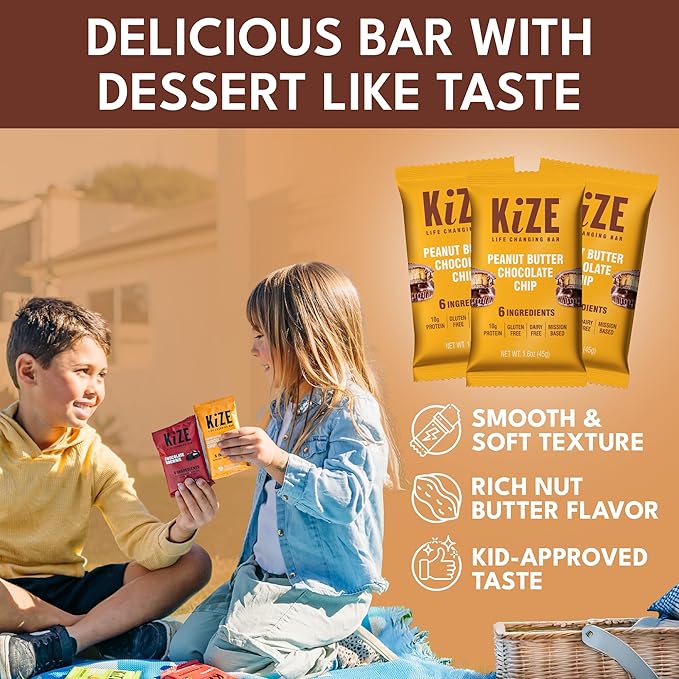 KiZE Energy Bars - Peanut Butter Chocolate Chip - Gluten Free, Dairy Free, Non-GMO, and High Protein Meal Replacement Energy Bars, Clean and Simple Food Ingredients - Peanut Butter Chcolate Chip, 10g High Protein Snacks, (10 Count)