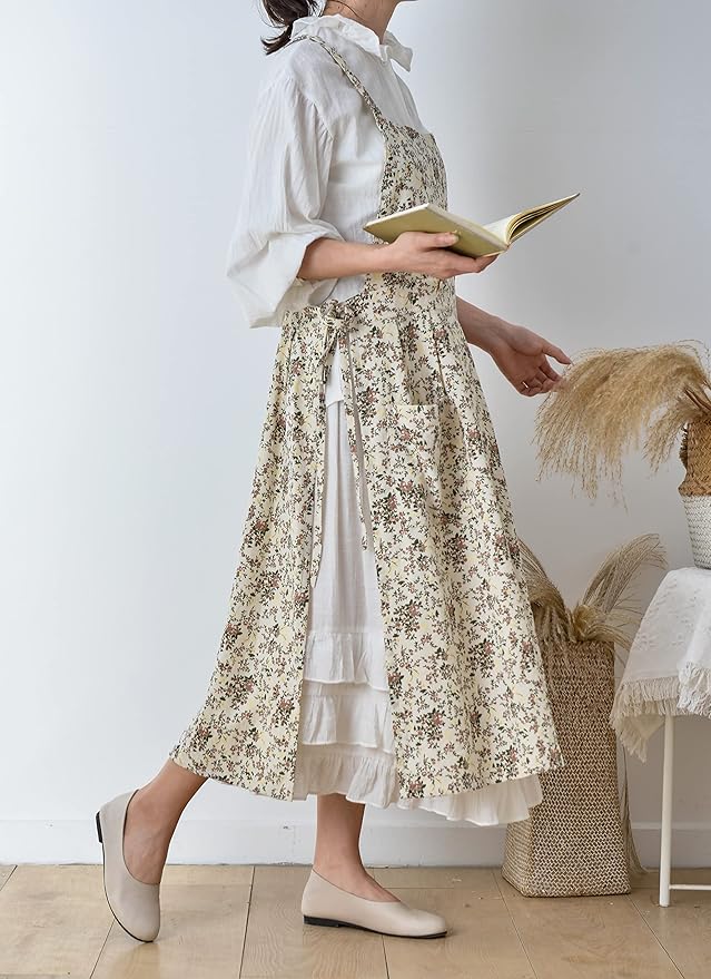 Pinafore Apron Dress，Japanese Cotton Linen Cross Back Apron for Women with Pockets，Pinafore Dress with Waist Ties (White flower)