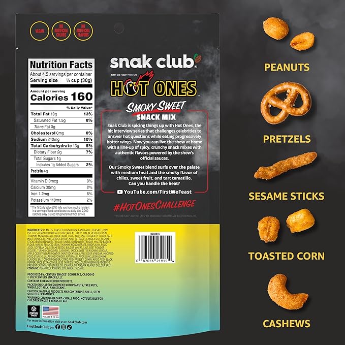 Snak Club x Hot Ones Smoky Sweet Snack Mix, Spicy Snacks with Peanuts, Pretzels, Sesame Sticks, Toasted Corn & Cashews, Inspired by Hot Ones Hot Sauce, 4.5 oz Resealable Bag (6 Count)