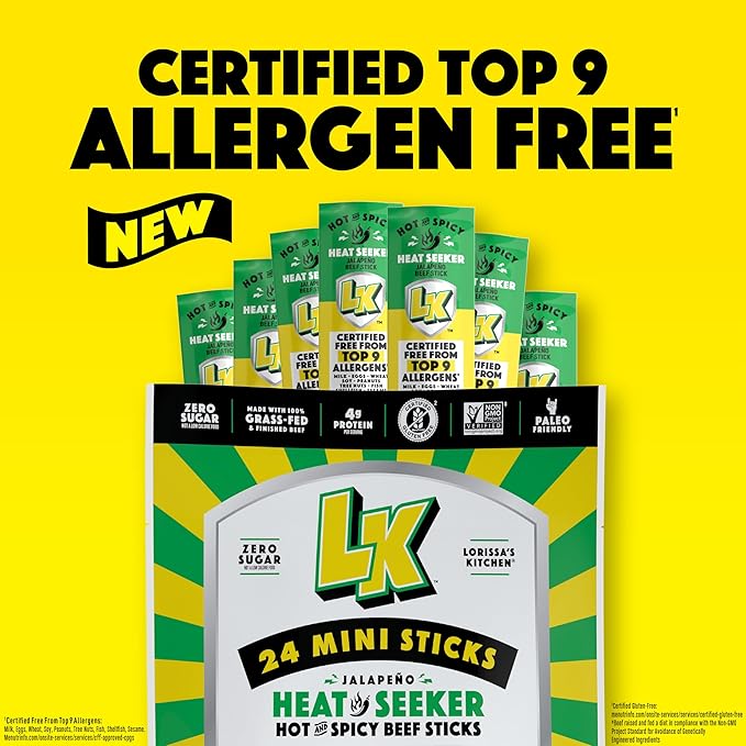 Lorissa's Kitchen Beef Jerky Mini Sticks, Premium Grass Fed & Finished, Original Jalapeño Flavor - 4g Protein, On the Go Snacks, Free from Top 9 Allergens, Non-GMO, Gluten-Free, 0.5 Oz (24 Count)