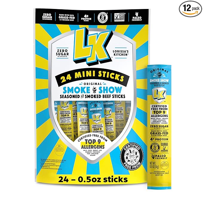 Lorissa's Kitchen Beef Jerky Mini Sticks, Premium Grass Fed & Finished, Original Smoke Show Flavor - 4g Protein, On the Go Snacks, Free from Top 9 Allergens, Non-GMO, Gluten-Free, 0.5 Oz (24 Count)