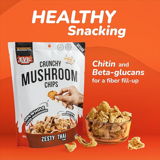 EVIL SNACKS Crunchy Mushroom Chips - SHROOM ORIGINAL Flavor, Non-GMO, Plant-Based, Vegan - Nutrient-Packed, On-the-Go Snack - 1 Oz (6 Pack)