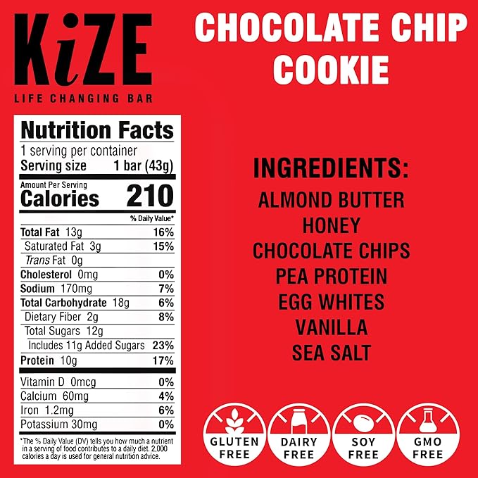 KiZE Energy Bars - Gluten Free, Dairy Free, Non-GMO, and High Protein Meal Replacement Energy Bars, Clean and Simple Food Ingredients - Chocolate Chip Cookie, 10g High Protein Snacks, (20 Count)