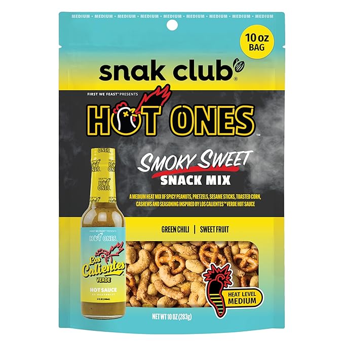 Snak Club x Hot Ones Snack Mix, Smoky Sweet, Spicy Snacks with Peanuts, Pretzels, Sesame Sticks, Toasted Corn, Cashews, Inspired by Hot Ones, Vegan Snack, 10 oz Resealable Bag