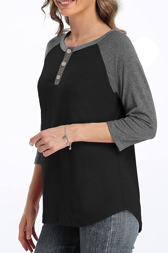 3/4 Sleeve Shirts for Women Crewneck Button Down Tunic Tops Raglan T Shirt