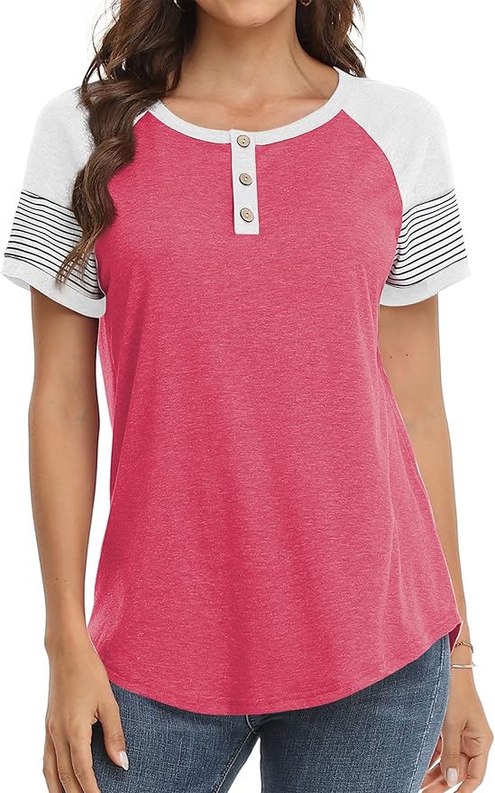 3/4 Sleeve Shirts for Women Crewneck Button Down Tunic Tops Raglan T Shirt