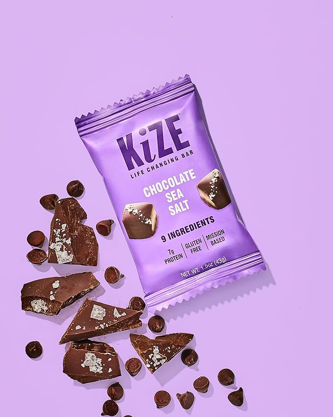 KiZE Energy Bars - Gluten Free, Dairy Free, Non-GMO, and High Protein Meal Replacement Energy Bars, Meal Bas, Clean & Simple Food Ingredients - Chocolate Sea Salt, 7g High Protein Snacks, (10 Count)
