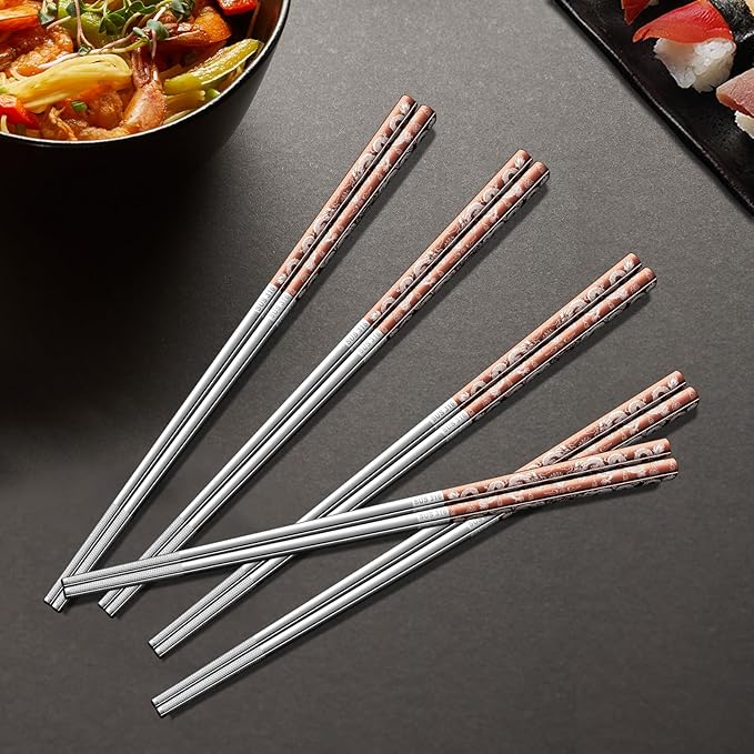 A·HOUSEWARE Copper Dragon Chopsticks Set Stainless Steel 316 Chop Sticks 5 Pairs Reusable Rose Gold Dinning Utensils Tableware Dishwasher Safe and Luxury Gift Box