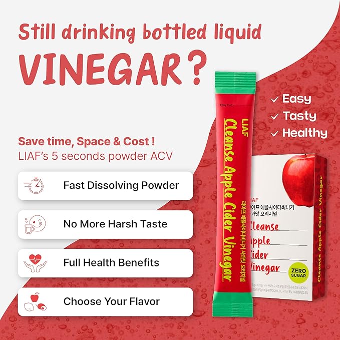 LIAF Apple Cider Vinegar Powder Loaded Tea Packets | Korean Fermented ACV with Mother | Travel Size Instant Dissolving Drink Mix | Sugar Free Energy Boost | Apple Flavor 10 Count