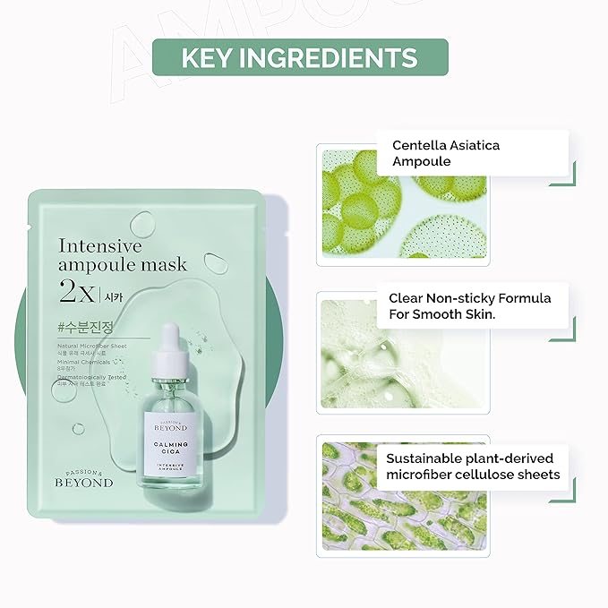 BEYOND Intensive Ampoule Mask 2X Cica with Centella Asiatica for Soothing/Moisturizing Care for Irritated and Sensitive Skin - Hypoallergenic Calming Facial Sheet Masks