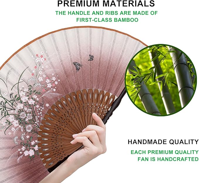 Amajiji 8.27"(21cm) Hand Held Bamboo Silk Folding Fan Hand Fan,Chinese/Japanese Charming Elegant Vintage Retro Style,Women Ladys Girls Best Gifts (Brown Grassflower)