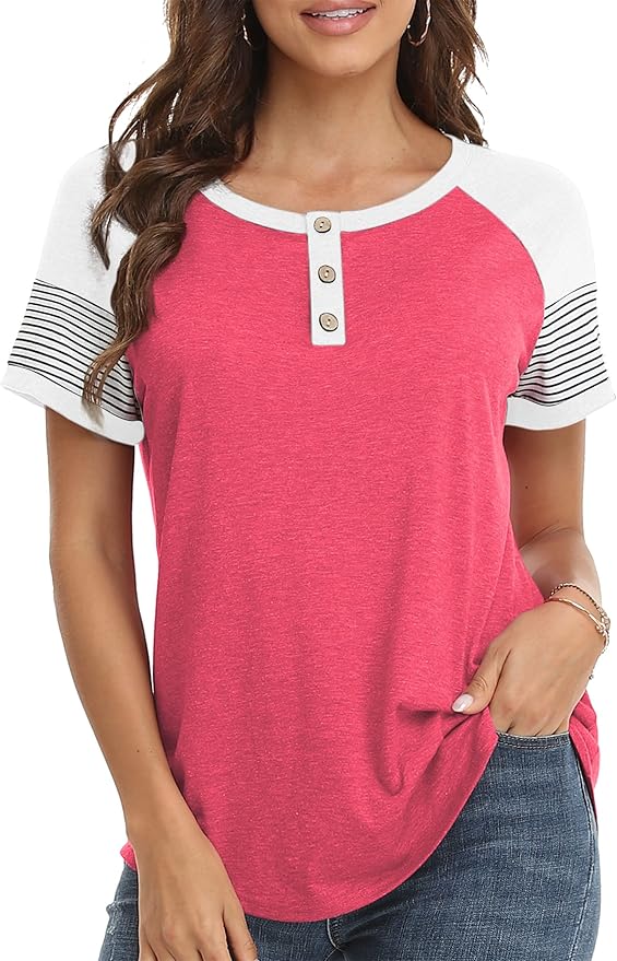 3/4 Sleeve Shirts for Women Crewneck Button Down Tunic Tops Raglan T Shirt