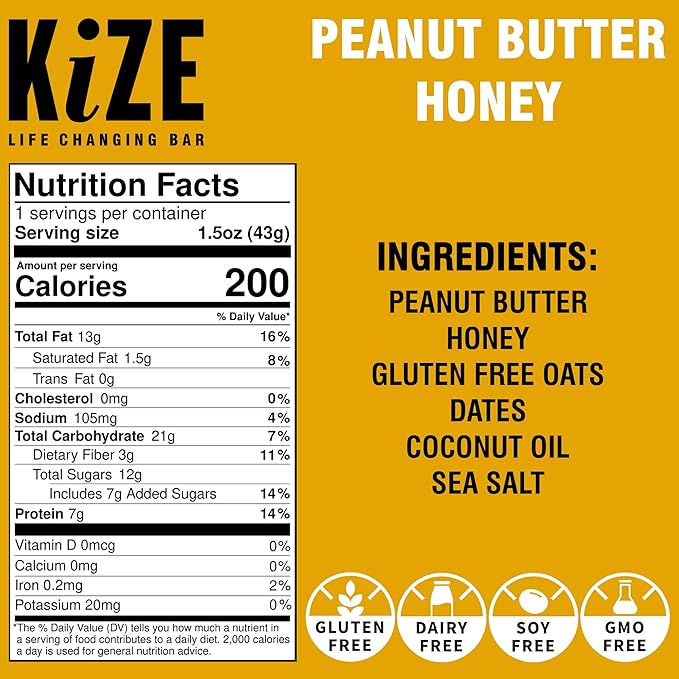 KiZE Energy Bars - Gluten Free, Dairy Free, Non-GMO, & High Protein Meal Replacement Energy Bars, Meal Bar, Clean & Simple Food Ingredients - Peanut Butter Honey, 7g High Protein Snacks, (20 Count)