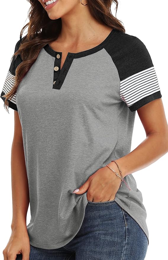 3/4 Sleeve Shirts for Women Crewneck Button Down Tunic Tops Raglan T Shirt