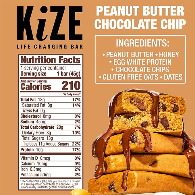 KiZE Energy Bars - Peanut Butter Chocolate Chip - Gluten Free, Dairy Free, Non-GMO, and High Protein Meal Replacement Energy Bars, Clean and Simple Food Ingredients - Peanut Butter Chcolate Chip, 10g High Protein Snacks, (10 Count)