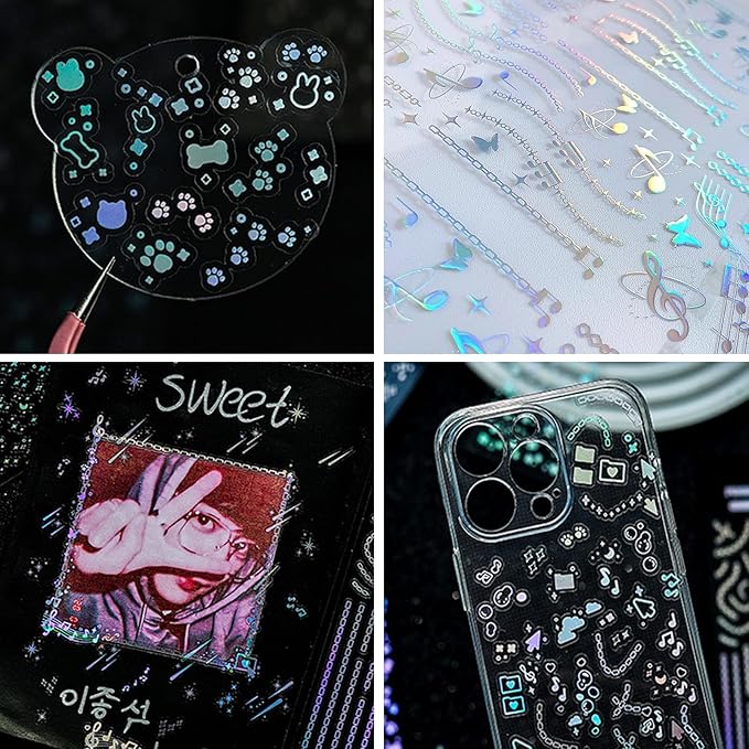 24 Sheets Holographic Kpop Deco Stickers Korean Stickers for Photocards Self Adhesive Clear Glitter Star Moon Butterfly Bubbles Decals for Album Scrapbook Journal Planner for DIY Decoration