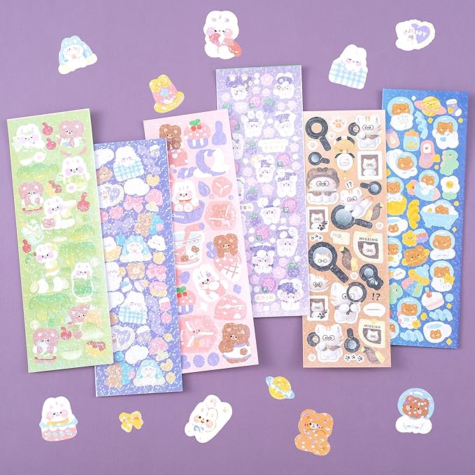 60 Sheets Korean Stickers Kpop Deco Stickers for Photocard Self Adhesive Colorful Stickers Cute Korean Stickers with Rabbit Bear Flower Cake for DIY Arts Craft Cards Scrapbooking Valentine Gift