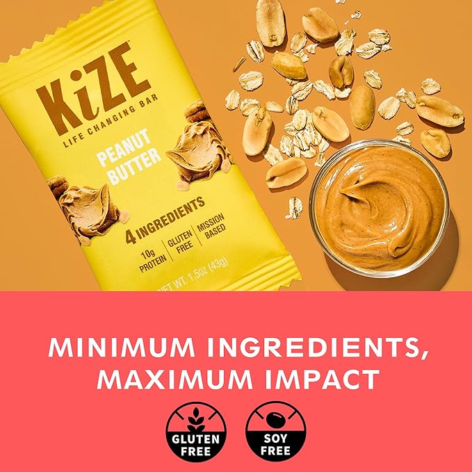 KiZE Energy Bars - Gluten Free, Dairy Free, Non-GMO, and High Protein Meal Replacement Energy Bars, Meal Bar, Clean and Simple Food Ingredients - Peanut Butter, 10g High Protein Snacks, (30 Count)