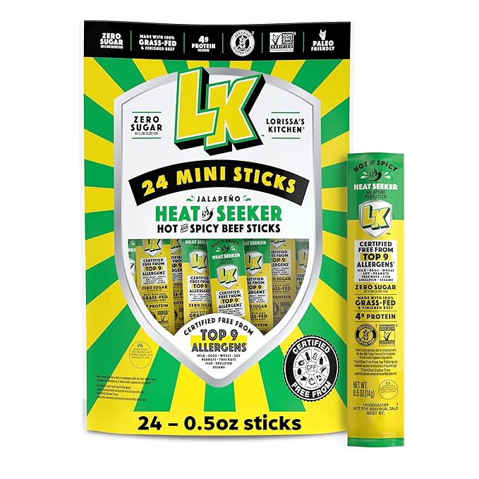 Lorissa's Kitchen Beef Jerky Mini Sticks, Premium Grass Fed & Finished, Original Jalapeño Flavor - 4g Protein, On the Go Snacks, Free from Top 9 Allergens, Non-GMO, Gluten-Free, 0.5 Oz (24 Count)