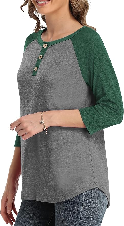 3/4 Sleeve Shirts for Women Crewneck Button Down Tunic Tops Raglan T Shirt