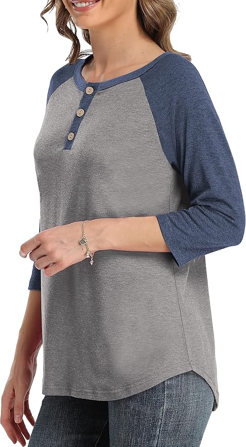 3/4 Sleeve Shirts for Women Crewneck Button Down Tunic Tops Raglan T Shirt