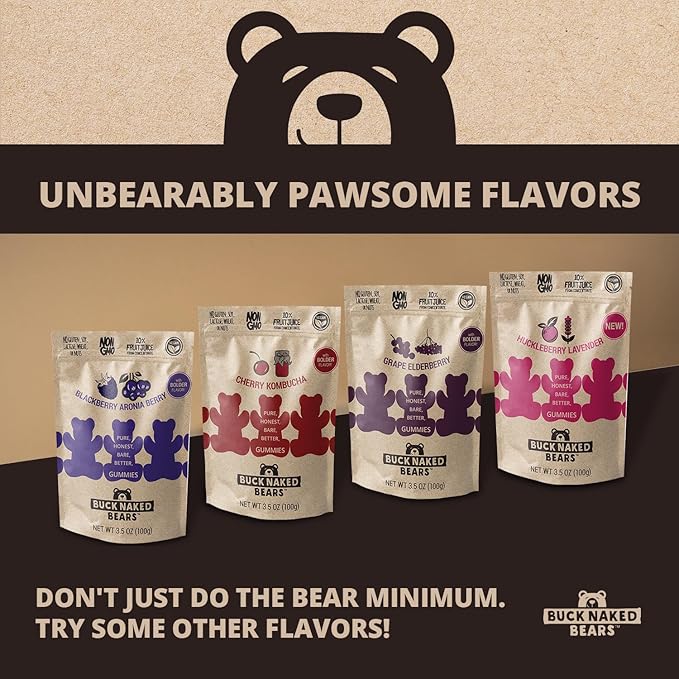 Buck Naked Bears - Blackberry Aronia Gummy Bears - Soft, Smooth & Sweeter Like a Fruit Snack - Plant-Based, Vegan, Non-GMO - Non-GMO - 3.5oz (3-Pack)