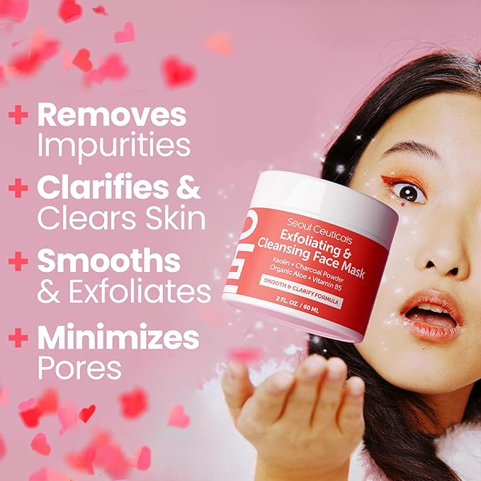 SeoulCeuticals Korean Face Scrub - Exfoliating Face Mask Skincare K Beauty Mask for Glass Skin - Kaolin Clay + Charcoal Cream Exfoliant Mask 2oz