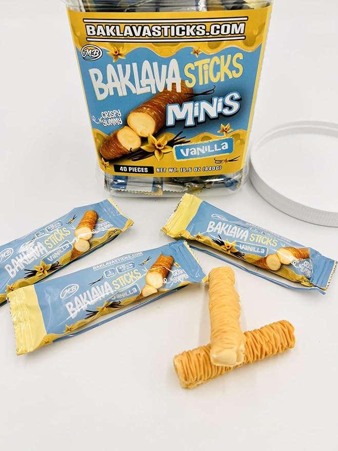 Baklava Sticks Minis, Vanilla Cream Crispy Phyllo Dough, 15.6 oz (40 Pieces) (FULL JAR 40 minis, Vanilla)