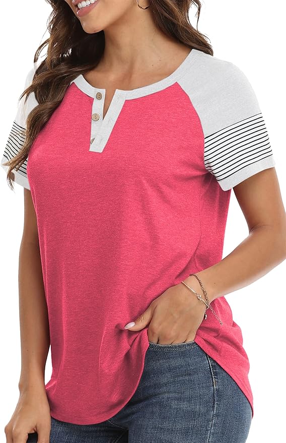 3/4 Sleeve Shirts for Women Crewneck Button Down Tunic Tops Raglan T Shirt