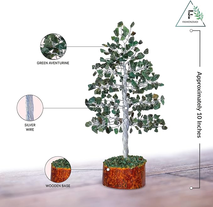 FASHIONZAADI Gemstone Money Tree Reiki Healing Chakra Balancing Handmade Bonsai Trees Spiritual Gift Aura Cleansing Good Luck Home Decor (Green Aventurine Silver Wire)