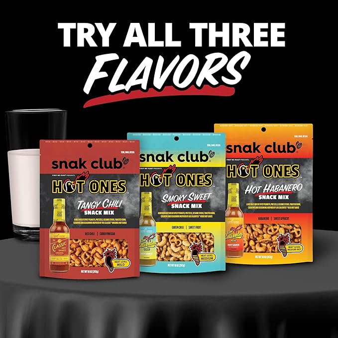Snak Club x Hot Ones Smoky Sweet Snack Mix, Spicy Snacks with Peanuts, Pretzels, Sesame Sticks, Toasted Corn & Cashews, Inspired by Hot Ones Hot Sauce, 4.5 oz Resealable Bag (6 Count)