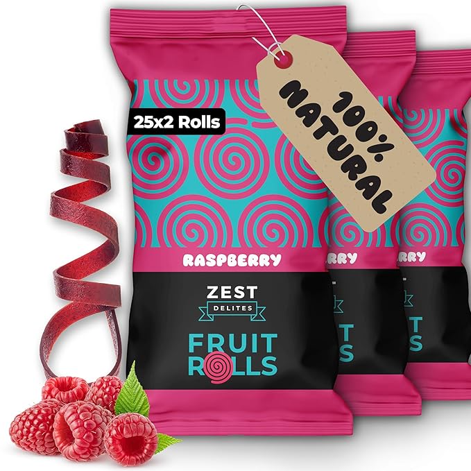 Fruit Rolls by Zest Delites, 100% Natural Healthy Fruit Snacks Bulk for Kids & Adults, Made from Real Raspberry Leather, Vegan, School Lunch Snack, A Twist on Raspberry Strips, 25 Packs