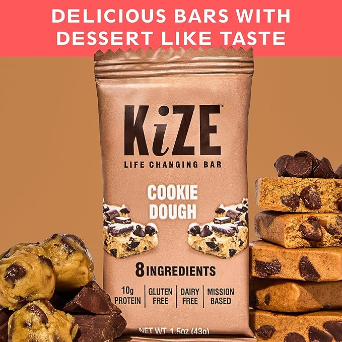 KiZE Energy Bars - Gluten Free, Dairy Free, Non-GMO, and High Protein Meal Replacement Energy Bars, Meal Bar, Clean and Simple Food Ingredients - Cookie Dough, 10g High Protein Snacks, (30 Count)