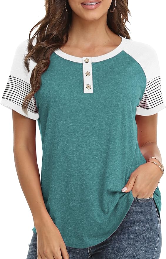 3/4 Sleeve Shirts for Women Crewneck Button Down Tunic Tops Raglan T Shirt
