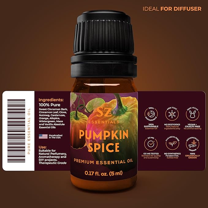 Pumpkin Spice Essential Blend Oil for Diffuser and Humidifier - 100% Pure and Natural - Rich Pumpkin Spice Scent, with Fruity and Spicy Overtones - Vegan - 0.17 floz (5 mL)