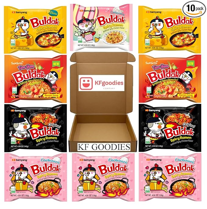 Samyang Buldak Hot Spicy Chicken Ramen Noodle Korean Stir-Fried Ramen (10 Pack, Carbonara (3), Cheese (2), Cream Carbonara (1), Original Spicy (2), Tom Yum (2))