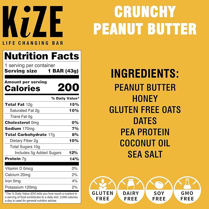 KiZE Energy Bars - Gluten Free, Dairy Free, Non-GMO, & High Protein Meal Replacement Energy Bars, Meal Bar, Clean & Simple Food Ingredients - Crunchy Peanut Butter, 7g High Protein Snacks, (30 Count)
