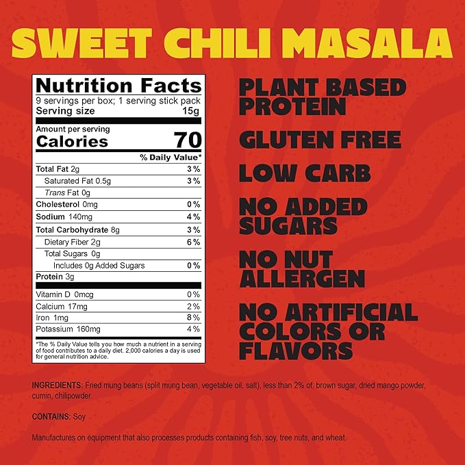 Daal By Keen Crunchy Mung Bean Snacks – Sweet Chili Masala – Plant-Based Protein, High Fiber, Gluten-Free, Nut-Free – Mix into Salads or Enjoy as an On-the-Go Snack – 1 Resealable Pack, 4.76 oz