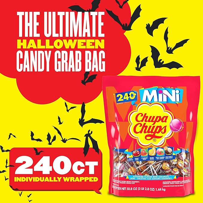 Chupa Chups Mini Lollipop Halloween Trick or Treat Candy Variety Assortment, 5 Flavors, Individually Wrapped Bulk Candy for Adults & Kids, 50.8 oz Bag (240 Suckers)
