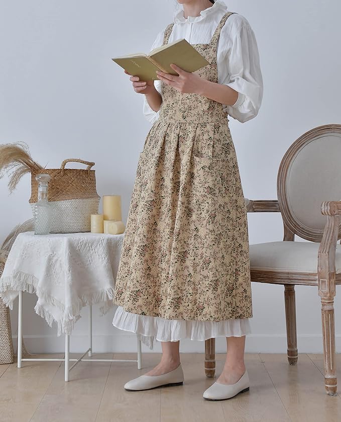 Pinafore Apron Dress，Japanese Cotton Linen Cross Back Apron for Women with Pockets，Pinafore Dress with Waist Ties (Brown flower)