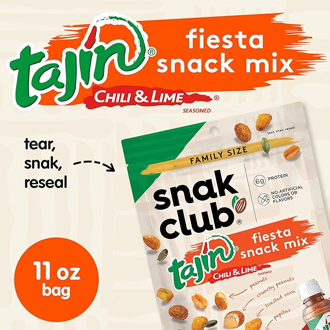 Snak Club Tajin Fiesta Snack Mix, Peanuts, Crunchy Peanuts, Toasted Corn, and Pepitas with Chili and Lime Seasoning, Mild, No Artificial Colors or Flavors, 11 oz Resealable Bag